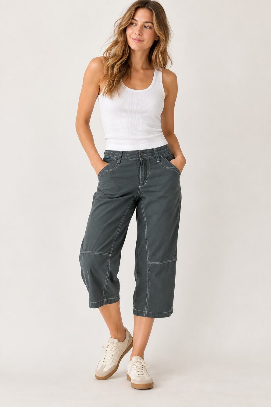 Kuhl Mountain Culture Cropped Pants, Olive Green w/ Floral Trim, Size 6